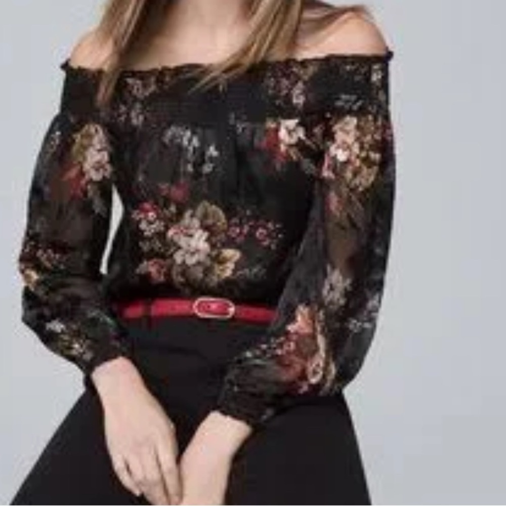 White House Black Market Floral Burnout off‎ the shoulder floral print blouse XS